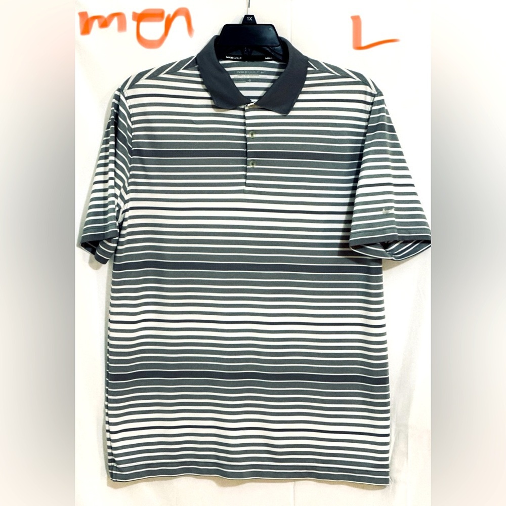 MENS DK GREY & WHITE STRIPED NIKE POLO